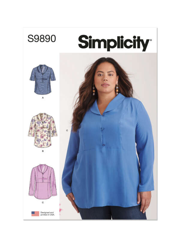 A sewing pattern cover titled "Simplicity S9890" shows a plus-size woman wearing a stylish blue long-sleeve blouse with a collar and buttons. The pattern includes three additional blouse designs labeled A, B, and C, each featuring variations in collar and fabric.