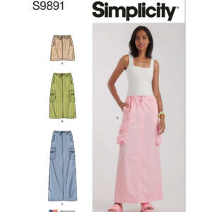 A sewing pattern cover from Simplicity, labeled "S9891," featuring a woman wearing a long pink skirt with pockets and a white tank top. The cover shows three skirt variations: a short plaid skirt, a knee-length green skirt, and a long blue skirt, each with pockets.