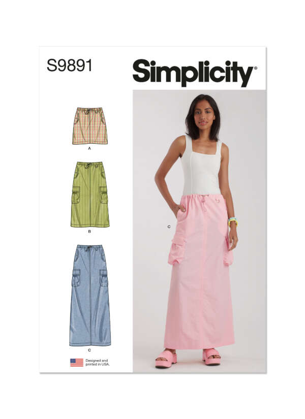 A sewing pattern cover from Simplicity, labeled "S9891," featuring a woman wearing a long pink skirt with pockets and a white tank top. The cover shows three skirt variations: a short plaid skirt, a knee-length green skirt, and a long blue skirt, each with pockets.