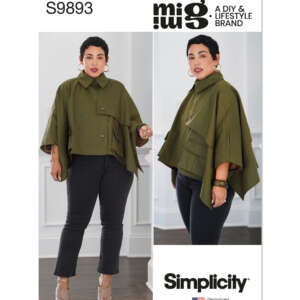 A sewing pattern package labeled 'Simplicity S9893' shows a plus-size model wearing an olive green cape-style jacket with large front pockets over a black top and jeans. The text reads "Mimi G, A DIY & Lifestyle Brand". The model poses in two different views.