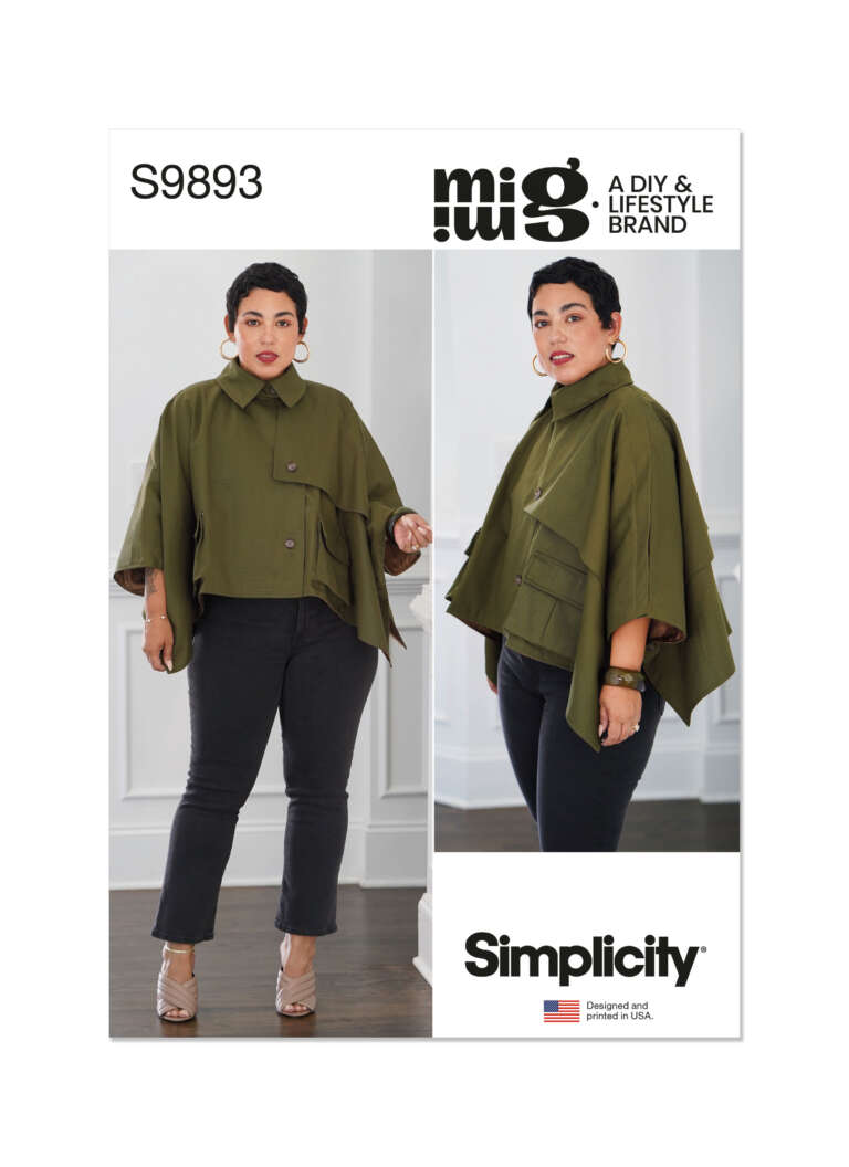 A sewing pattern package labeled 'Simplicity S9893' shows a plus-size model wearing an olive green cape-style jacket with large front pockets over a black top and jeans. The text reads "Mimi G, A DIY & Lifestyle Brand". The model poses in two different views.