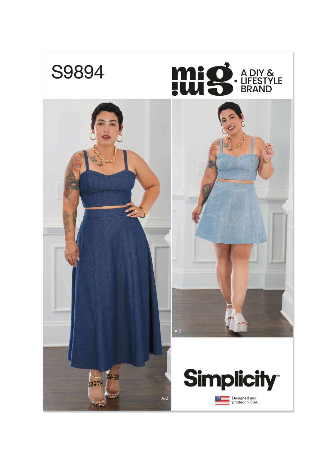 Pattern cover for Simplicity S9894 from Mimi G Style. It features a woman modeling a matching cropped halter top with a high-waisted A-line skirt. Two variations are shown: one with a long skirt, and one with a short skirt. Text: A DIY & Lifestyle Brand. Made in USA.