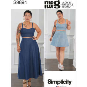 Pattern cover for Simplicity S9894 from Mimi G Style. It features a woman modeling a matching cropped halter top with a high-waisted A-line skirt. Two variations are shown: one with a long skirt, and one with a short skirt. Text: A DIY & Lifestyle Brand. Made in USA.
