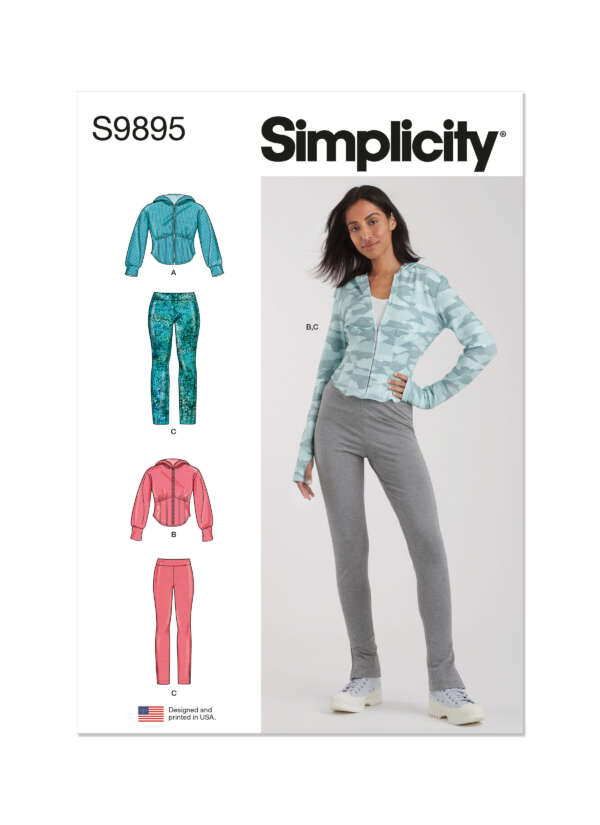 Simplicity sewing pattern S9895 cover shows a model wearing a light blue camouflage zip-up jacket and gray pants. The pattern includes designs for different styles of jackets and pants, shown in turquoise, pink, and gray fabric varieties. American flag icon included.