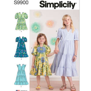 A Simplicity dress pattern packet (S9900) with a photo of two girls wearing dresses. The smaller girl wears a yellow floral dress, and the taller girl wears a blue and white striped dress. The packet also shows illustrations of two other dress designs.
