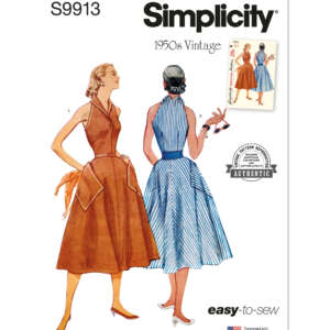A Simplicity sewing pattern cover for vintage 1950s dresses. It features illustrations of two women in dresses: one in a sleeveless brown dress with a flared skirt, the other in a blue and white striped halter dress. The cover includes "Simplicity" and "1950s Vintage.