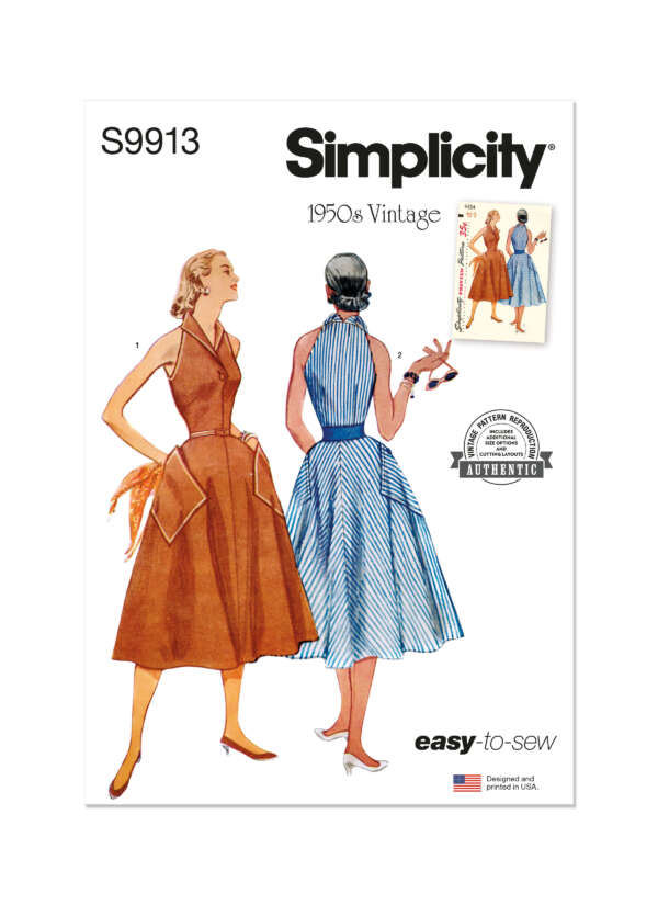 A Simplicity sewing pattern cover for vintage 1950s dresses. It features illustrations of two women in dresses: one in a sleeveless brown dress with a flared skirt, the other in a blue and white striped halter dress. The cover includes "Simplicity" and "1950s Vintage.