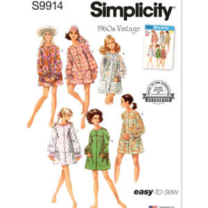 Simplicity sewing pattern S9914 features 1960s vintage "easy-to-sew" designs for women's loose-fitting nightgowns and robes with front closures. The cover displays illustrations of six different style variations in colorful patterns and fabrics.