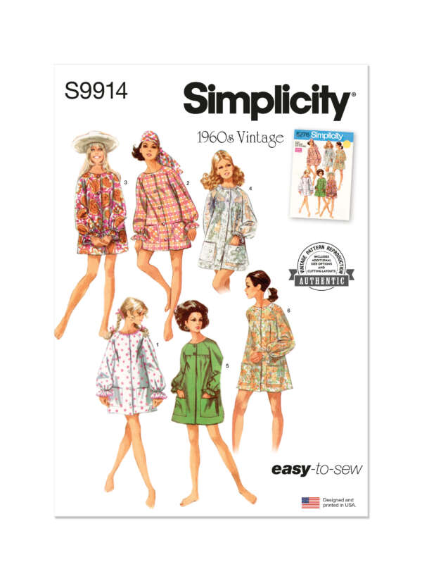 Simplicity sewing pattern S9914 features 1960s vintage "easy-to-sew" designs for women's loose-fitting nightgowns and robes with front closures. The cover displays illustrations of six different style variations in colorful patterns and fabrics.