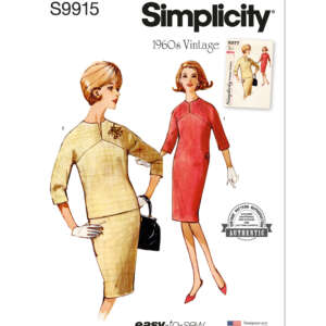 Simplicity S9915 1960s Vintage sewing pattern cover shows two illustrated women wearing a dress with a front seam and darts. One woman wears a yellow dress with a brooch and hat, the other a red dress. The pattern is labeled as "easy-to-sew" and "authentic.