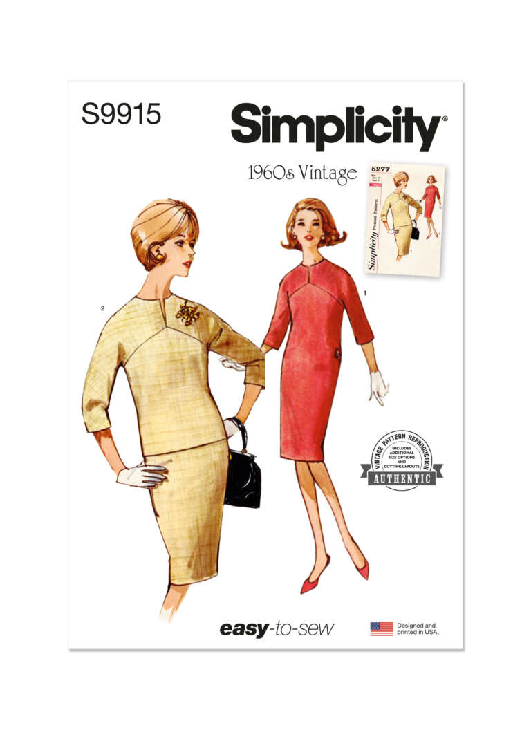 Simplicity S9915 1960s Vintage sewing pattern cover shows two illustrated women wearing a dress with a front seam and darts. One woman wears a yellow dress with a brooch and hat, the other a red dress. The pattern is labeled as "easy-to-sew" and "authentic.