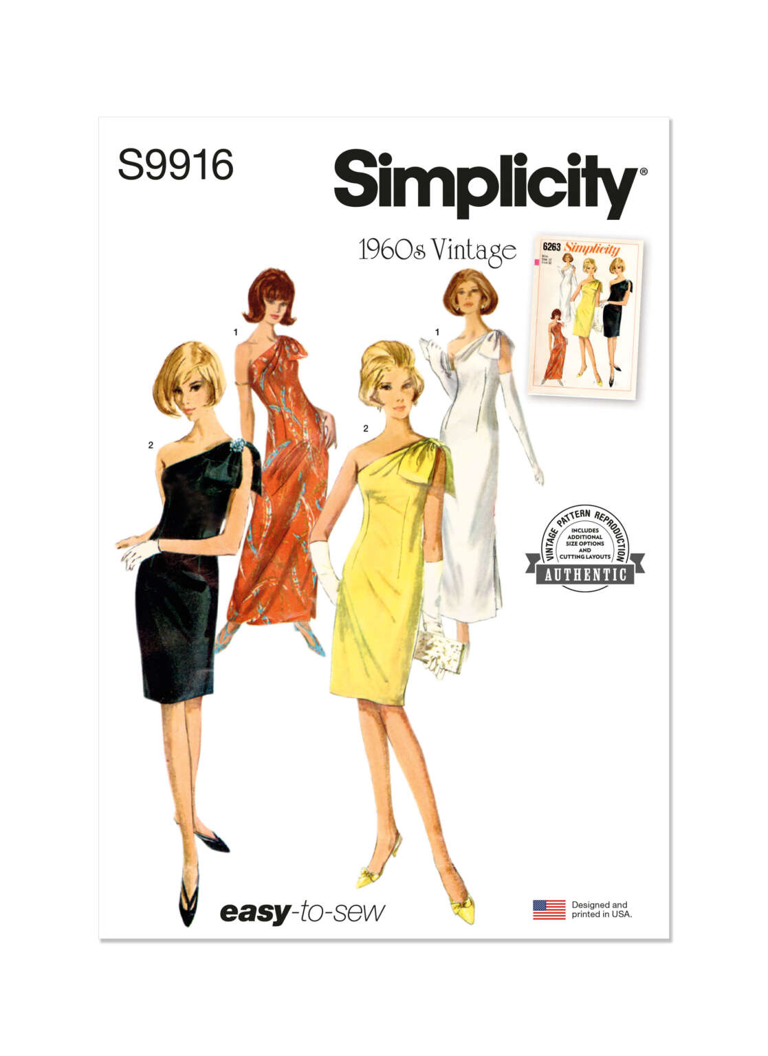 A vintage Simplicity sewing pattern, labeled S9916, featuring four women in different dresses: a black sleeveless sheath dress, a red floor-length evening gown, a yellow one-shoulder dress, and a white short dress with a unique collar. The bottom reads "easy-to-sew.