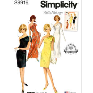 A vintage Simplicity sewing pattern, labeled S9916, featuring four women in different dresses: a black sleeveless sheath dress, a red floor-length evening gown, a yellow one-shoulder dress, and a white short dress with a unique collar. The bottom reads "easy-to-sew.