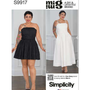 A pattern cover for Simplicity S9917 shows a model wearing a sleeveless dress. One dress is black and short, while the other is white and long. Both dresses feature a fitted bodice and a flared skirt. There's a QR code for a Sew-Along tutorial by Mimi G.
