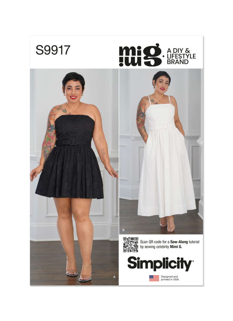 A pattern cover for Simplicity S9917 shows a model wearing a sleeveless dress. One dress is black and short, while the other is white and long. Both dresses feature a fitted bodice and a flared skirt. There's a QR code for a Sew-Along tutorial by Mimi G.