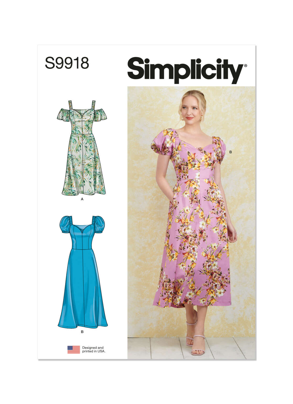 Image of a Simplicity sewing pattern S9918. It features a woman wearing a floral print dress with puff sleeves. The pattern includes three styles: A dress with off-shoulder sleeves, a fitted dress with short puff sleeves, and a dress with sheer sleeves. The designs are labeled A, B, and C respectively.