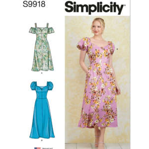 Image of a Simplicity sewing pattern S9918. It features a woman wearing a floral print dress with puff sleeves. The pattern includes three styles: A dress with off-shoulder sleeves, a fitted dress with short puff sleeves, and a dress with sheer sleeves. The designs are labeled A, B, and C respectively.