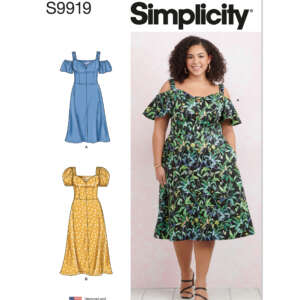Sewing pattern package showing a woman wearing Dress B, an off-the-shoulder dress with a green and black floral print. Two additional dress designs, A (blue) and B (yellow with polka dots), are illustrated to the left. The text reads "Simplicity S9919.