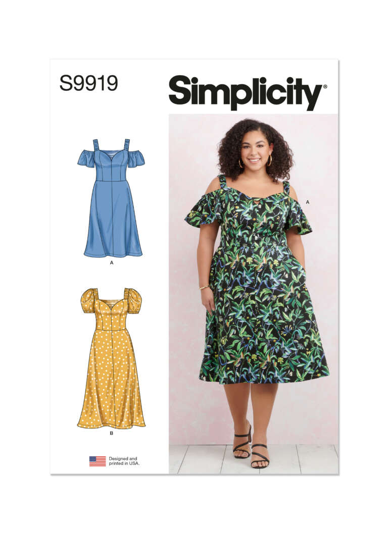 Sewing pattern package showing a woman wearing Dress B, an off-the-shoulder dress with a green and black floral print. Two additional dress designs, A (blue) and B (yellow with polka dots), are illustrated to the left. The text reads "Simplicity S9919.