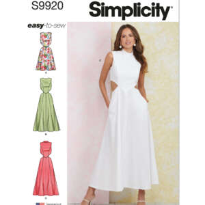 The image shows a sewing pattern cover labeled "Simplicity" with the pattern number S9920. It features a woman wearing a sleeveless white dress with side cutouts. Three additional dress designs are illustrated on the left side: a floral print, a green dress, and a pink dress. The text "easy-to-sew" is written near the top.