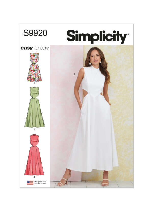 The image shows a sewing pattern cover labeled "Simplicity" with the pattern number S9920. It features a woman wearing a sleeveless white dress with side cutouts. Three additional dress designs are illustrated on the left side: a floral print, a green dress, and a pink dress. The text "easy-to-sew" is written near the top.