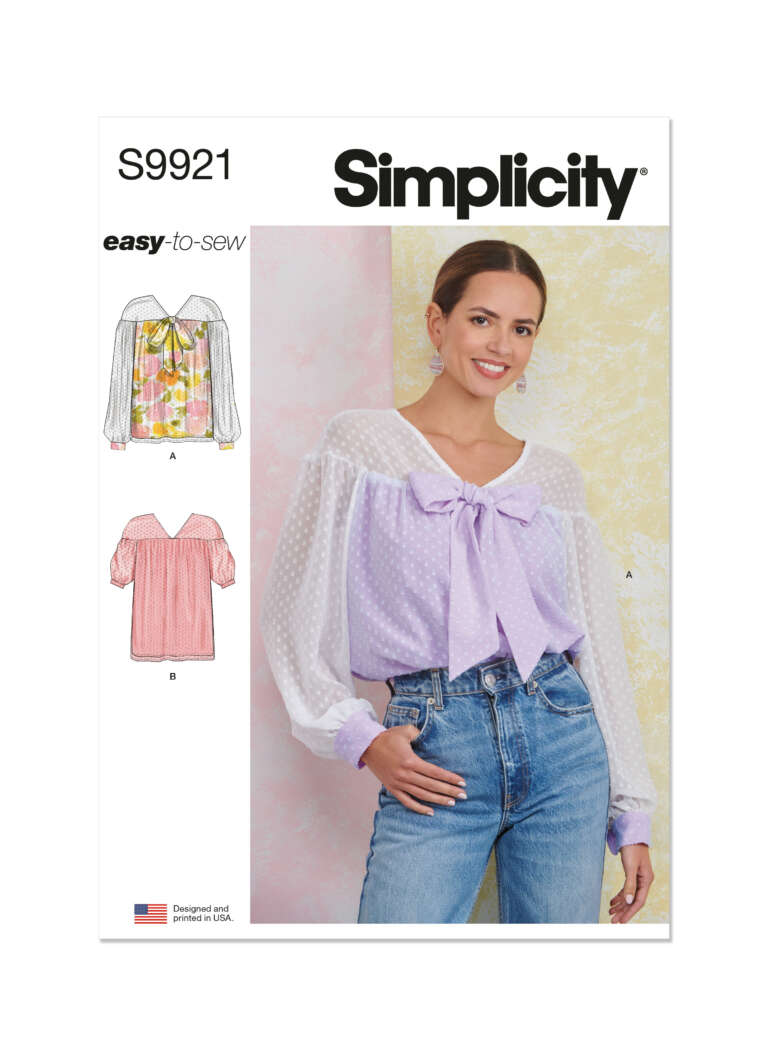 Pattern cover for Simplicity S9921 showcasing a woman wearing a sheer, light purple blouse with a large bow and high-waisted jeans. The cover also features illustrations of two blouse variations: view A (sheer with bow) and view B (solid with ruffle).