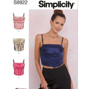 A sewing pattern cover from Simplicity featuring Simplicity pattern number S9922. The cover shows a model in a blue strapless corset top. On the left are illustrations of three variations of the top (A, B, and C), each with different designs and fabrics.