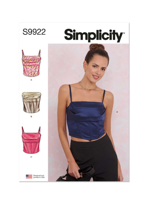 A sewing pattern cover from Simplicity featuring Simplicity pattern number S9922. The cover shows a model in a blue strapless corset top. On the left are illustrations of three variations of the top (A, B, and C), each with different designs and fabrics.