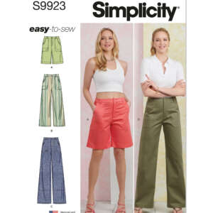 An image of a Simplicity sewing pattern S9923 for women's pants and shorts. It shows illustrations of three garment options (A, B, and C) on the left, and photos of two models wearing the finished products (B and C) on the right. Text reads "easy-to-sew.