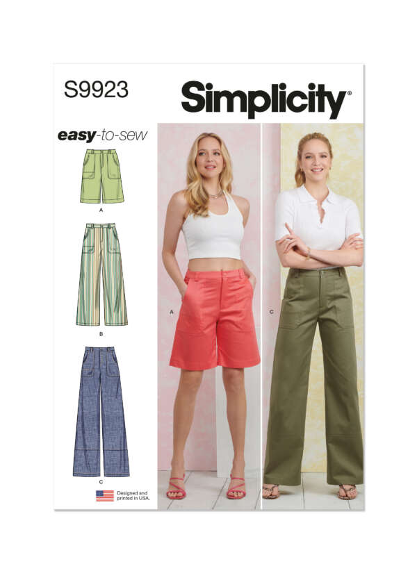 An image of a Simplicity sewing pattern S9923 for women's pants and shorts. It shows illustrations of three garment options (A, B, and C) on the left, and photos of two models wearing the finished products (B and C) on the right. Text reads "easy-to-sew.