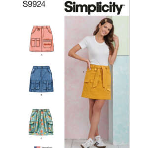 Simplicity sewing pattern S9924 cover image. Features a model wearing a yellow skirt with a white t-shirt. The pattern includes designs for three skirts: A (pink), B (blue), and C (green), each with pockets. The pattern is designed and printed in the USA.