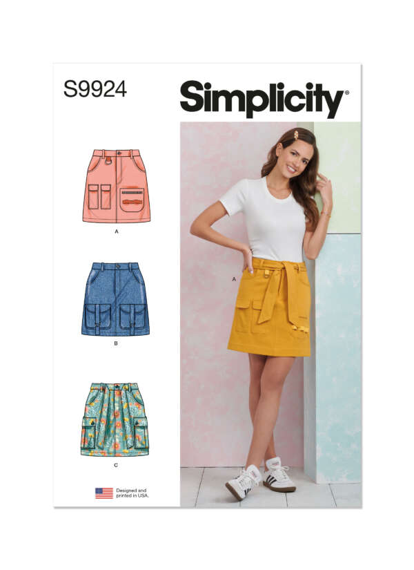 Simplicity sewing pattern S9924 cover image. Features a model wearing a yellow skirt with a white t-shirt. The pattern includes designs for three skirts: A (pink), B (blue), and C (green), each with pockets. The pattern is designed and printed in the USA.