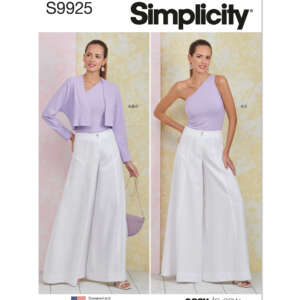 A sewing pattern cover for Simplicity S9925, featuring two women modeling different styles of tops paired with white wide-leg pants. One wears a long-sleeve cropped top, and the other wears a one-shoulder sleeveless top. The pattern is labeled "easy-to-sew.