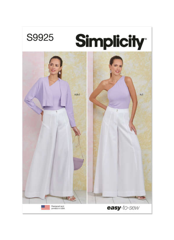 A sewing pattern cover for Simplicity S9925, featuring two women modeling different styles of tops paired with white wide-leg pants. One wears a long-sleeve cropped top, and the other wears a one-shoulder sleeveless top. The pattern is labeled "easy-to-sew.