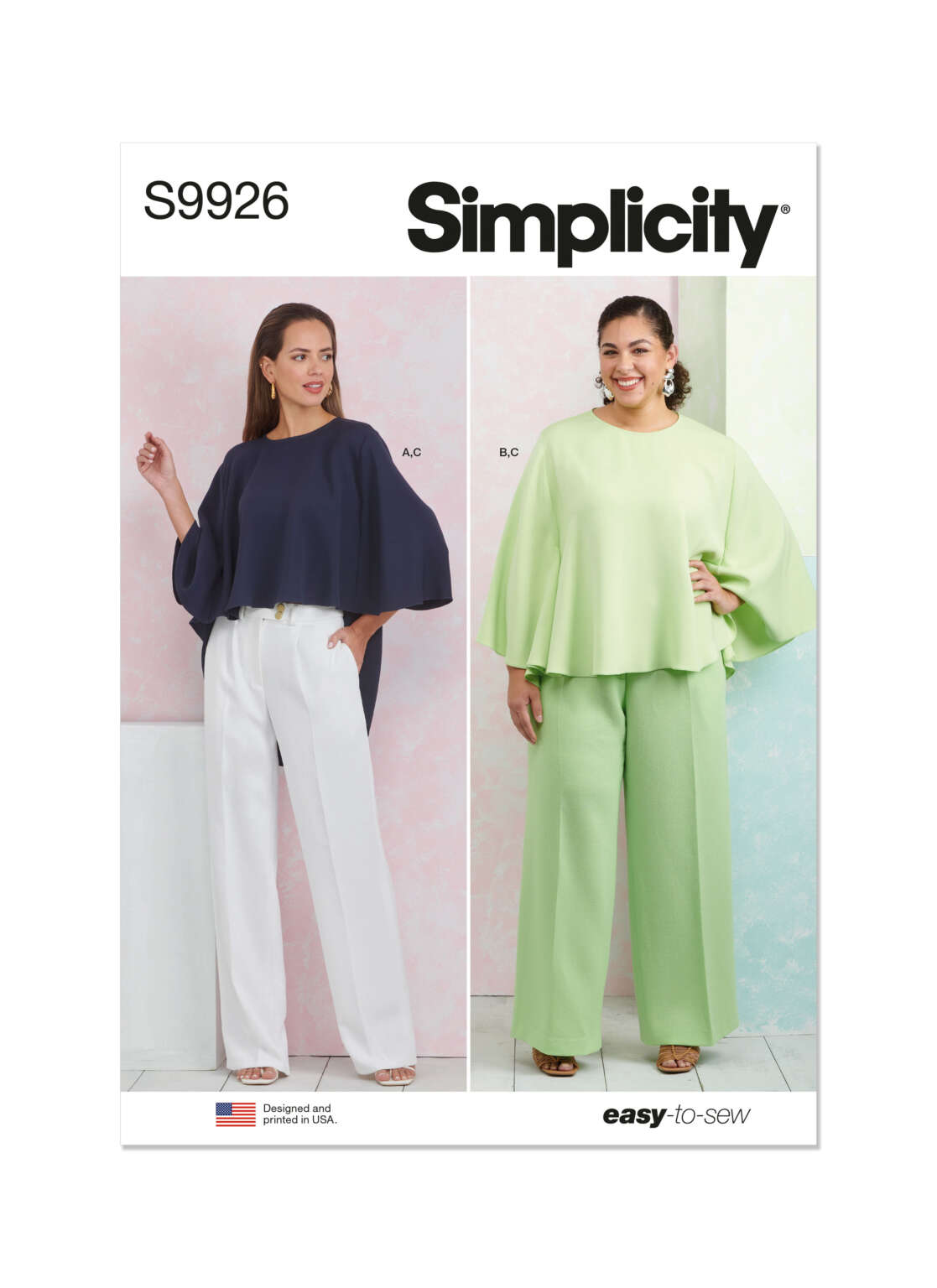 Pattern cover for Simplicity S9926. Two women display variations of an outfit: a cape-style top paired with wide-leg pants. One wears a navy top with white pants; the other wears an all-green outfit. The pattern is labeled "easy-to-sew.