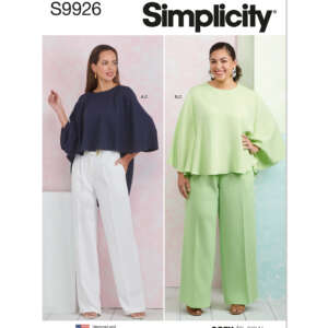 Pattern cover for Simplicity S9926. Two women display variations of an outfit: a cape-style top paired with wide-leg pants. One wears a navy top with white pants; the other wears an all-green outfit. The pattern is labeled "easy-to-sew.