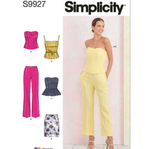 Simplicity sewing pattern S9927. The cover shows a woman in a yellow strapless top and pants set. To the left are illustrations of the patterns for a strapless top, a peplum top, corset tops with straps, pants, and a skirt. Made in the USA.