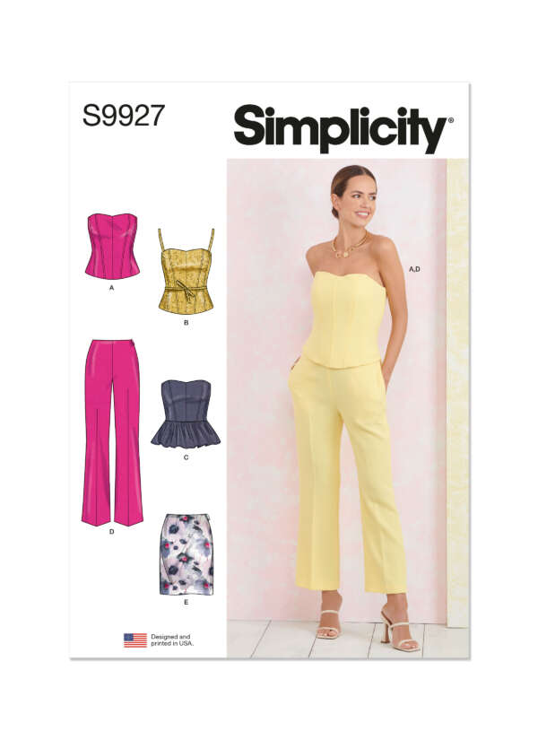 Simplicity sewing pattern S9927. The cover shows a woman in a yellow strapless top and pants set. To the left are illustrations of the patterns for a strapless top, a peplum top, corset tops with straps, pants, and a skirt. Made in the USA.