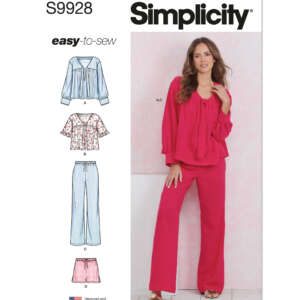 A sewing pattern cover for Simplicity S9928 featuring a woman wearing a red blouse and matching wide-leg pants. The cover includes illustrated versions of the blouse in different views (A, B) and pants (C, D), with "easy-to-sew" written on it.