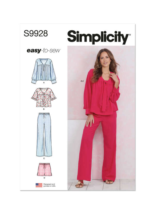 A sewing pattern cover for Simplicity S9928 featuring a woman wearing a red blouse and matching wide-leg pants. The cover includes illustrated versions of the blouse in different views (A, B) and pants (C, D), with "easy-to-sew" written on it.