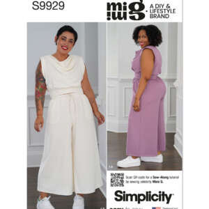 Simplicity sewing pattern S9929 for a sleeveless jumpsuit by DIY & lifestyle brand Mimi G. Features two women modeling the jumpsuit: one in white and one in lavender, both with wide legs and belted waists. Includes a QR code for a Sew-Along tutorial.
