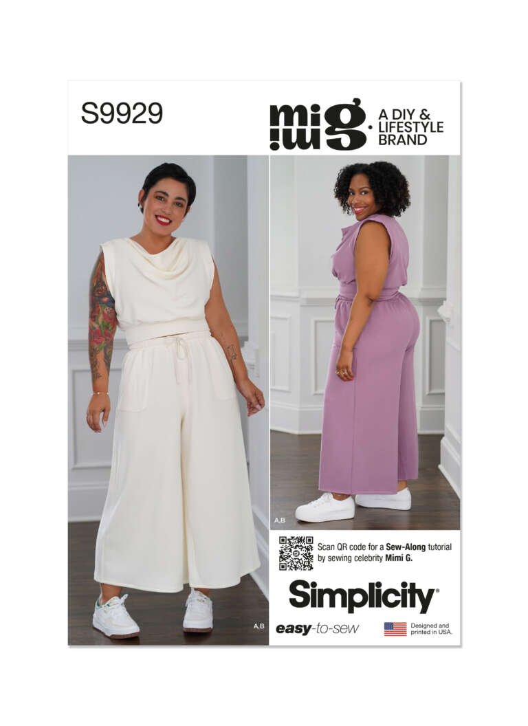 Simplicity sewing pattern S9929 for a sleeveless jumpsuit by DIY & lifestyle brand Mimi G. Features two women modeling the jumpsuit: one in white and one in lavender, both with wide legs and belted waists. Includes a QR code for a Sew-Along tutorial.