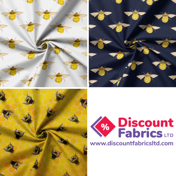 An image featuring three fabric samples, each showcasing the Bree Print design from Rose and Hubble's Cotton Poplin collection. The top left fabric is white, the top right is dark blue, and the bottom left is yellow with a honeycomb background. The company logo "Discount Fabrics Ltd" and website are displayed at the bottom right.