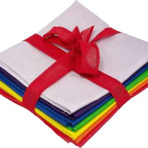 A stack of colorful fabric squares, including white, purple, blue, green, yellow, and red, neatly folded and tied together with a red ribbon, creating a visually appealing bundle.