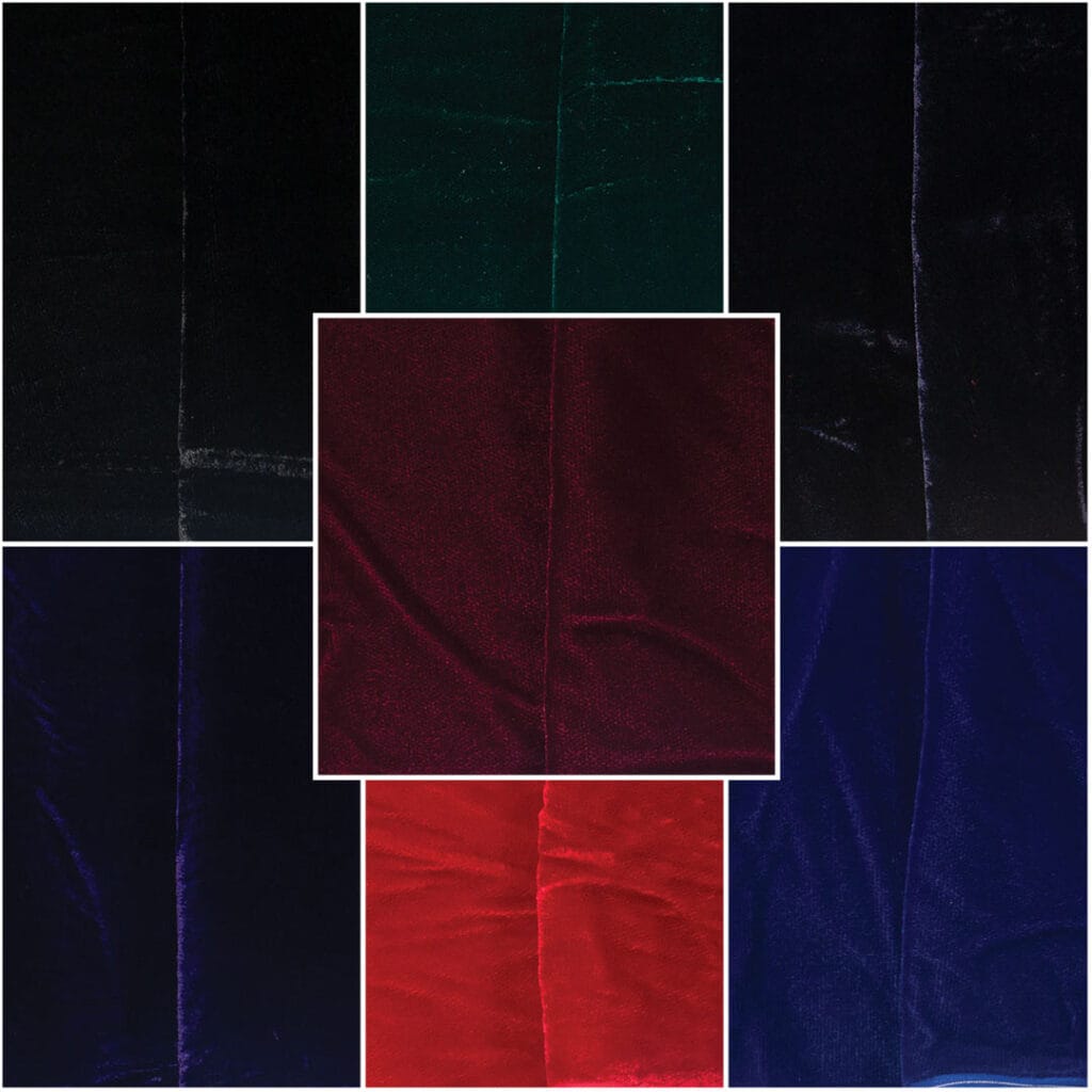 A collage featuring seven samples of Velvet Fabric, specifically Micro Velvet Fabric, showcases a range of colors: black, dark green, navy blue, purple, dark red, bright red, and dark blue. The central image highlights the dark red sample with the other six colors arranged around it in a grid pattern.