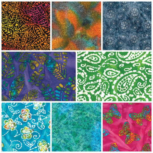 A collage of seven different fabric patterns. Patterns include multicolored organic shapes, black and colorful foliage on purple, green and white paisley on green, blue floral on teal, intricate white designs on navy, and multicolored butterflies on pink.