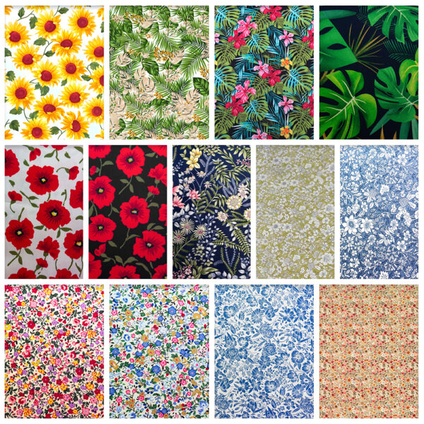 A collage of twelve rectangular fabric patterns, each featuring different botanical and floral designs. The colors range from bright sunflowers and red poppies to intricate blue and white floral motifs and vibrant tropical leaves.