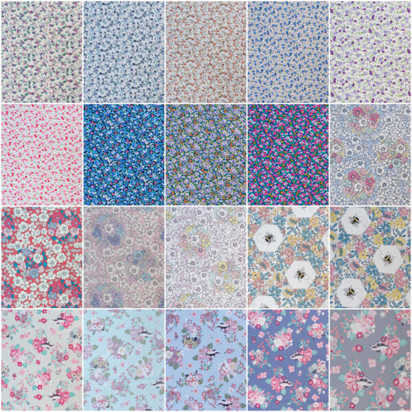 A grid of twenty-five fabric patterns featuring various small floral designs. The colors range across the spectrum, including shades of blue, pink, purple, and green with intricate and repeating floral motifs.