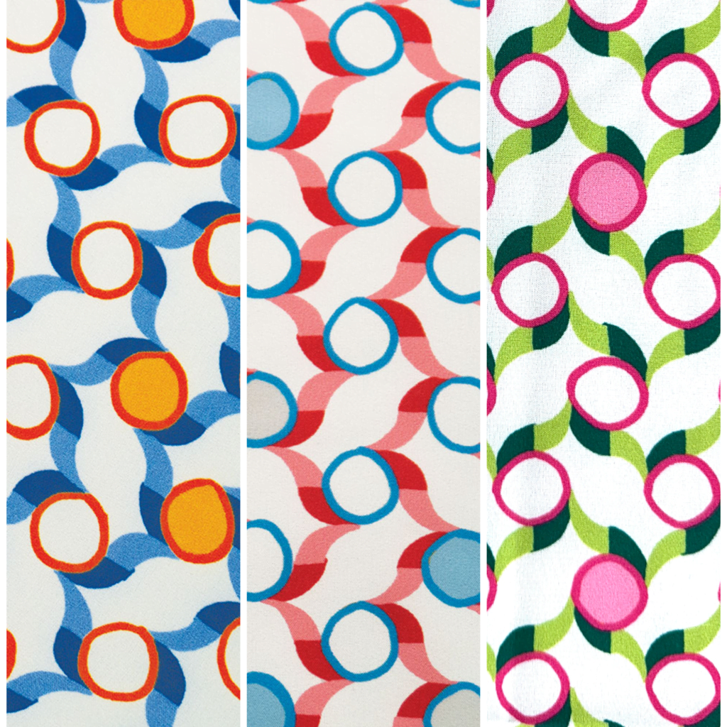 Three side-by-side panels featuring geometric patterns. The left panel has orange circles with blue and white waves. The middle panel shows red and blue intertwined circles with white waves. The right panel includes pink circles with green and white intertwining designs.