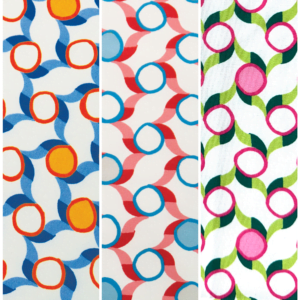 Three side-by-side panels featuring geometric patterns. The left panel has orange circles with blue and white waves. The middle panel shows red and blue intertwined circles with white waves. The right panel includes pink circles with green and white intertwining designs.